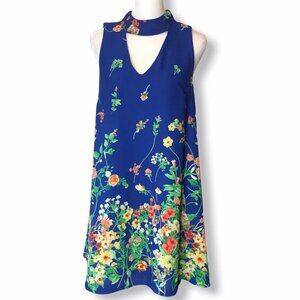 Peach Love California Sz S Royal Blue Floral Sleeveless Shift Keyhole Op…